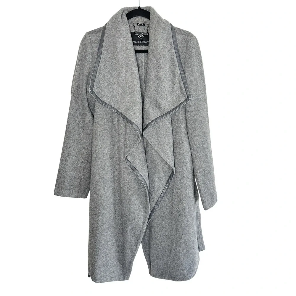 Nanette Lepore Gray Wool Blend Faux Leather Trim Wrap Coat Large Minimalist Chic